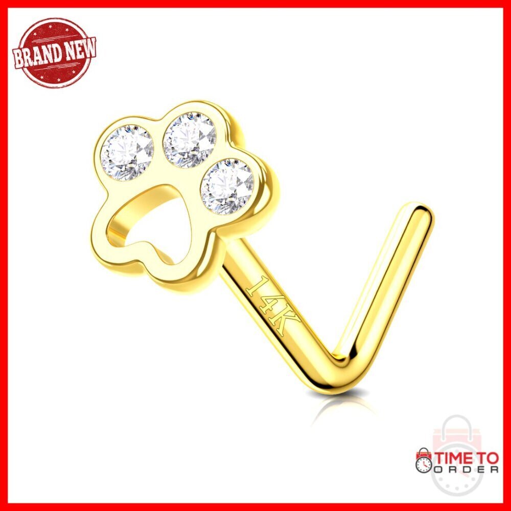 14K Solid Gold Nose Stud 20g Paw Print 7mm Post Hypoallergenic